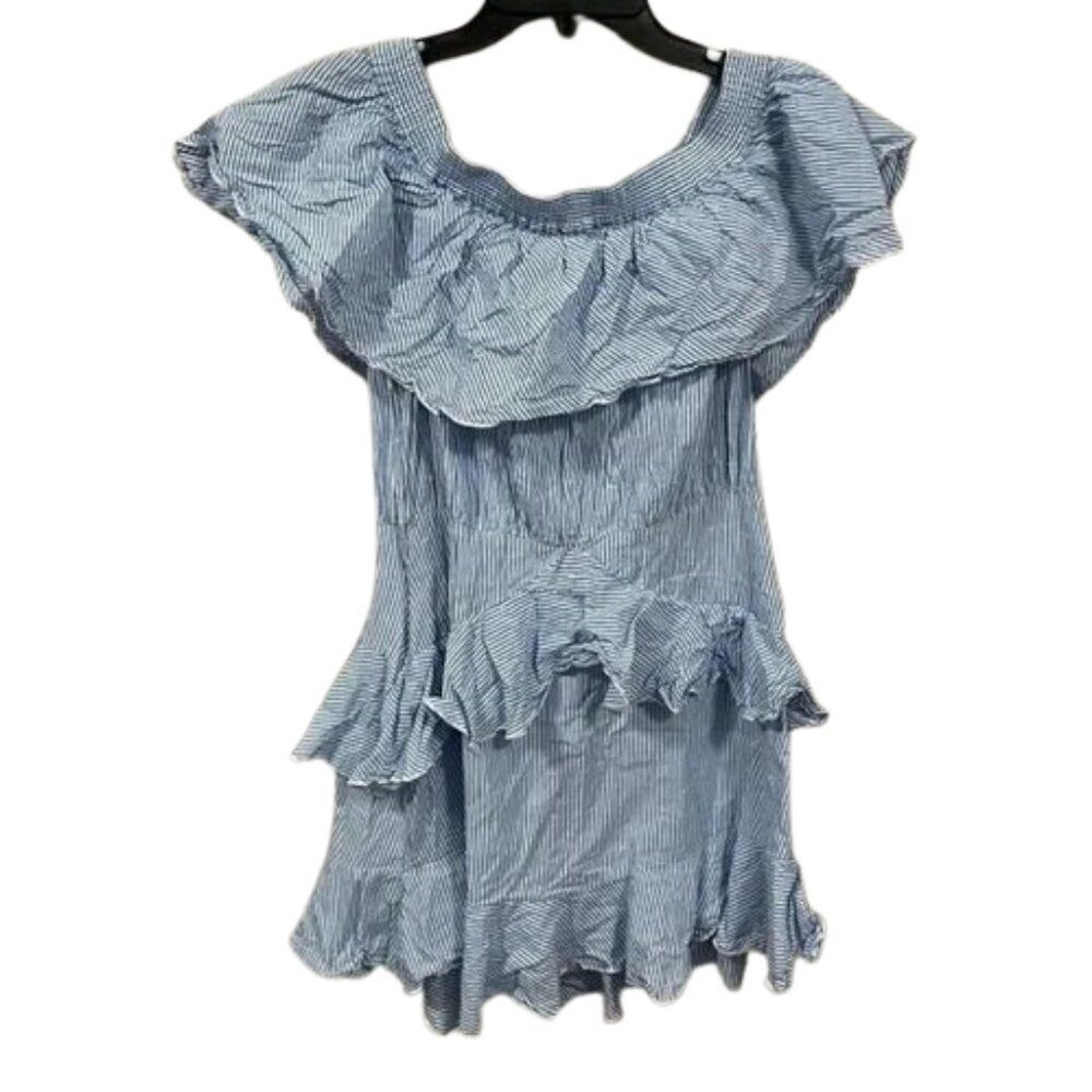 Topshop blue white striped‎ ruffle layered off the shoulder mini dress SIZE 8